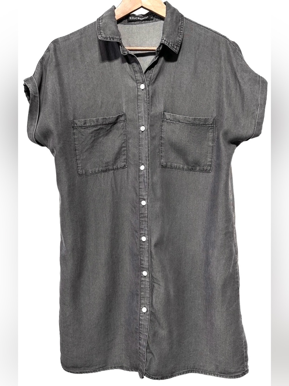 ZILCREMO Black Washed Denim Tunic Shirt Dress Minimalist Utility Streetwear
